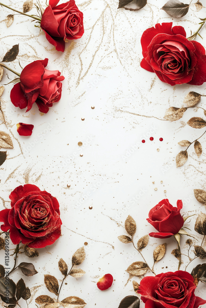 Composição plano de fundo de rosas vermelhas com detalhes dourados e gliter em um fundo branco Composição plano de fundo de rosas vermelhas com detalhes dourados e gliter em um fundo branco