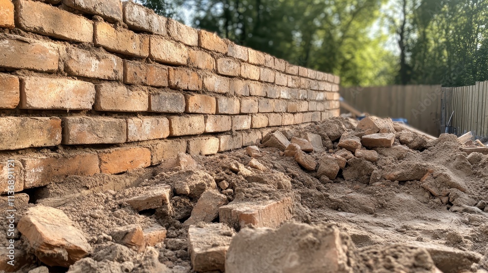A scene showing a dusty, partially demolished brick wall in bright sunlight, symbolizing transformation and the raw beauty of construction or restoration work. A scene showing a dusty, partially demolished brick wall in bright sunlight, symbolizing transformation and the raw beauty of construction or restoration work.