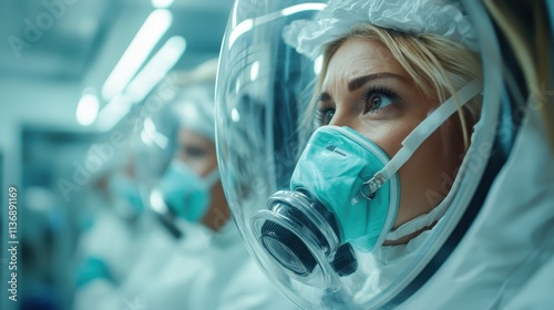 A focused individual wearing an oxygen mask inside a space-age medical capsule, representing themes of resilience and advanced medical care. photo