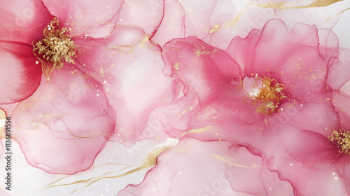 Composição plano de fundo floral rosa com detalhes dourados e gliter em um fundo branco