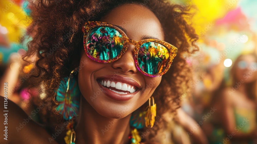 Obraz premium A smiling woman with curly hair and glittery sunglasses at a colorful festive setting, embodying joy and enthusiasm as vibrant reflections fill her glasses.