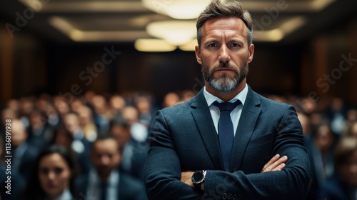 A determined man in a formal suit stands with arms crossed, exuding authority and focus, as he engages with a packed audience in a contemporary setting. photo