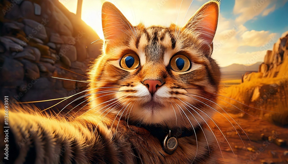 cat making a selfie photo at sunset