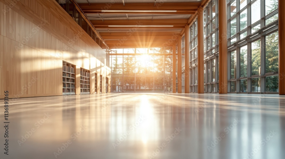 A spacious corridor bathed in sunlight through large glass windows, casting long shadows across the polished floor and creating a warmth-filled, inviting atmosphere.