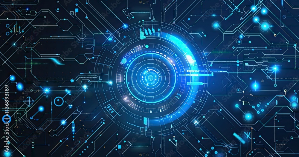 Abstract digital circuit design with glowing elements and futuristic patterns. Abstract digital circuit design with glowing elements and futuristic patterns.