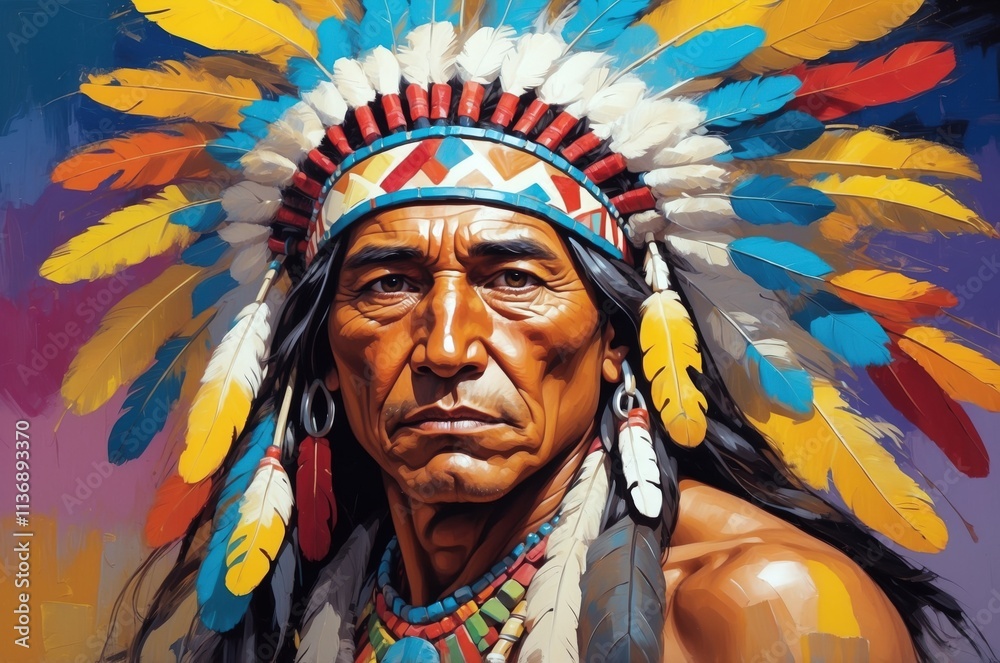 Fototapeta premium Abstract vintage oil painting portrait of a native american man with headdress decoration, people and culture, tradition, history theme concept.