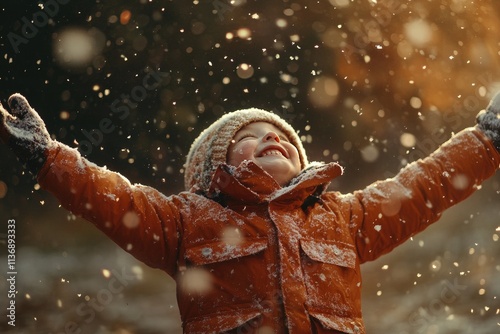 Joyful Child Embracing Winter Snowfall with Laughter and Wonder in Scenic Outdoors