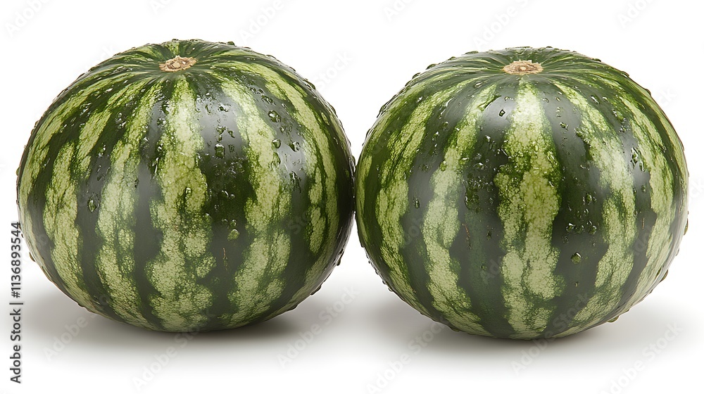 Two ripe watermelons sit side by side on white Two ripe watermelons sit side by side on white