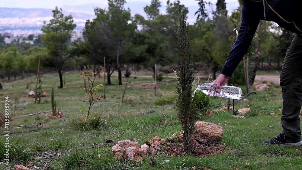 Static shot video shows a person watering with a plastic bottle of water a freshly planted cypress tree in a forest area that had burnt and now is being reforested. Static shot video shows a person watering with a plastic bottle of water a freshly planted cypress tree in a forest area that had burnt and now is being reforested.