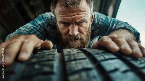 A rugged man in a plaid shirt intensely inspects a tire, illustrating hands-on work and attention to detail typical of rugged manual labor or craftsmanship. photo