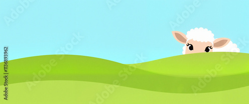 Curious sheep peeking over green hills, whimsical countryside