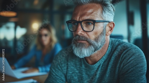 A serious man with a gray beard and glasses is engaged in a deep conversation at an office setting, focusing on communication, interaction, and business discussions.