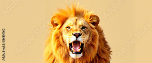 Majestic lion roaring in golden light, symbol of strength photo