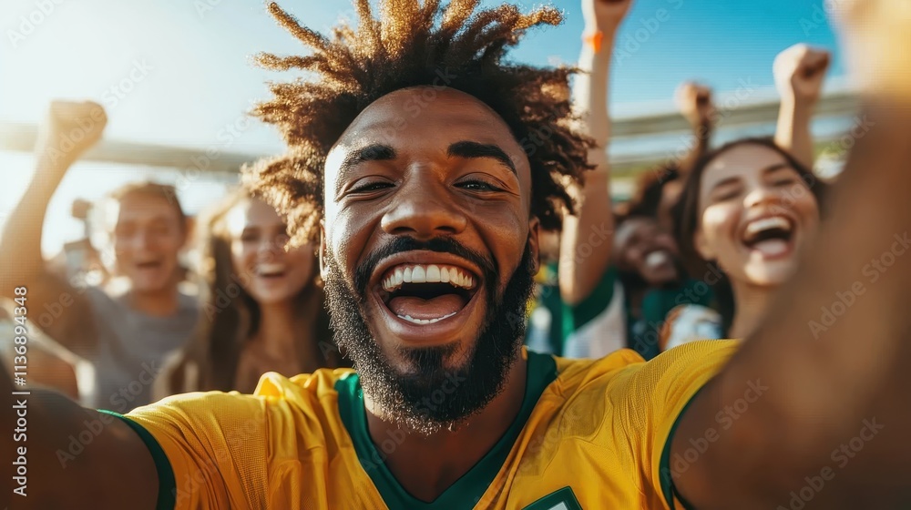 A jubilant fan cheers with passion, surrounded by an enthusiastic crowd, embodying the thrill and energy of a high-spirited sports occasion with vibrant smiles. A jubilant fan cheers with passion, surrounded by an enthusiastic crowd, embodying the thrill and energy of a high-spirited sports occasion with vibrant smiles.
