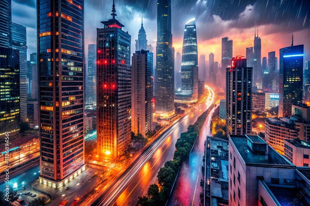 Obraz premium A vibrant city skyline at night, illuminated by colorful lights and reflected in a river, showcasing an urban landscape amidst a dramatic sky.