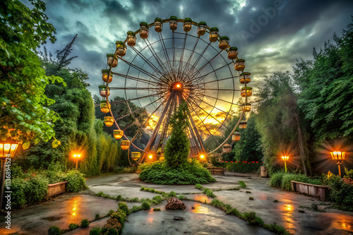 Wallpaper Mural An abandoned ferris wheel surrounded by lush greenery under a dramatic sunset sky, creating a mysterious and nostalgic atmosphere. Torontodigital.ca
