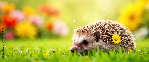 Adorable hedgehog with flower in sunny garden, nature's beauty