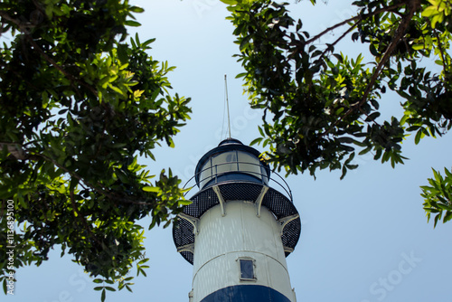 upper part of the miraflores lighthouse sorrounded by trees