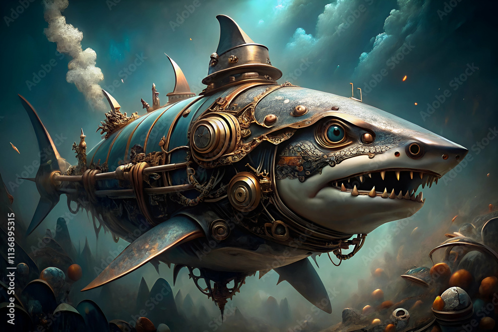 Naklejka premium A steampunk-inspired shark, featuring gears and steam elements, swims through an underwater scene, blending fantasy with mechanical aesthetics.