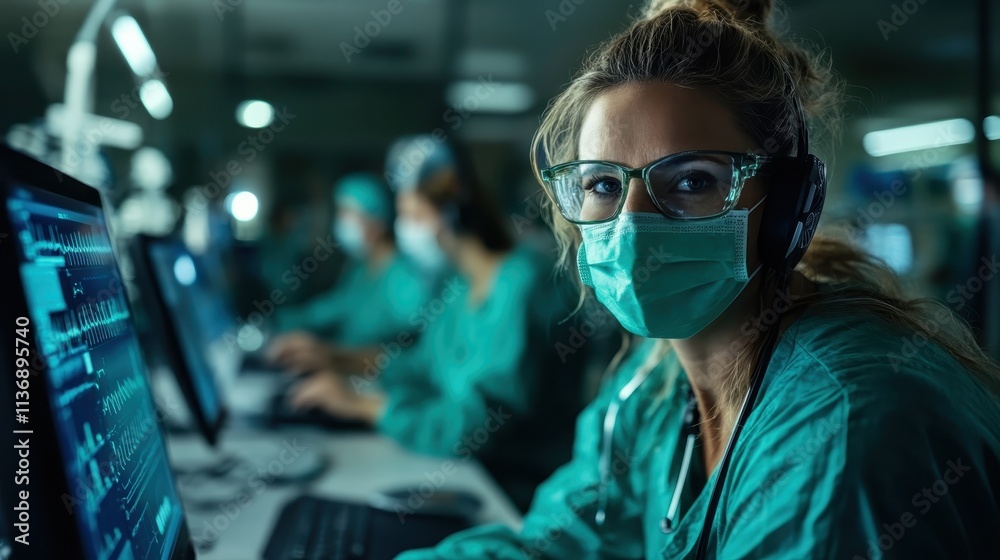A dedicated surgeon in green scrubs, glasses, and mask focuses intently on a task in a busy operating room, highlighting the seriousness of medical work.