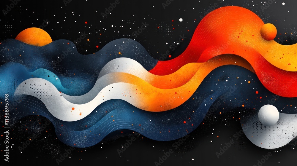 Abstract cosmic waves with vibrant colors and floating spheres against a dark background.