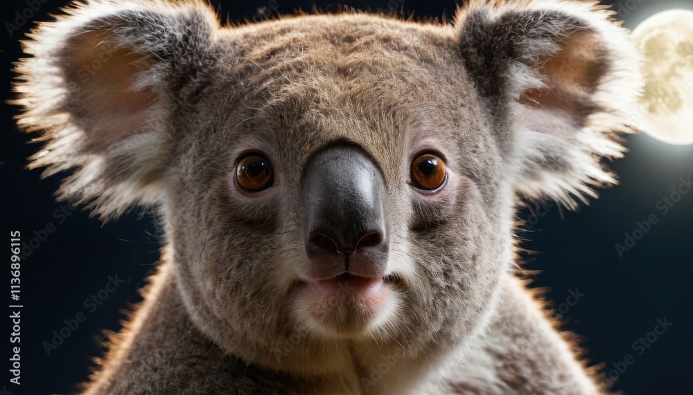 Naklejka premium A detailed close-up of a koala's face, with its curious gaze and fluffy features, perfectly illuminated, emphasizing the beauty of this iconic Australian animal