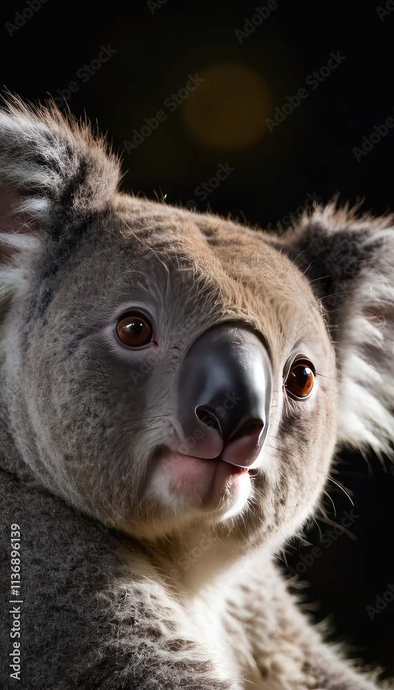Obraz premium A close-up portrait of a koala with fluffy ears and bright brown eyes, its soft fur highlighted against a dark background, showcasing intricate details of this adorable marsupial