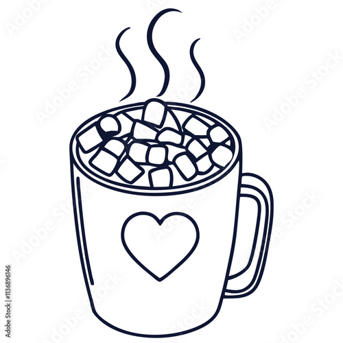 Line art hot cocoa with marshmallows heart mug illustration, cozy home decor, holiday design