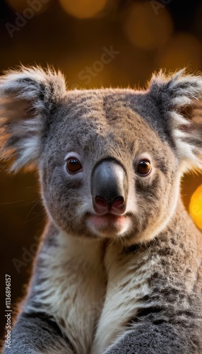 A close-up portrait of a koala with fluffy ears and bright brown eyes, its soft fur highlighted against a dark background, showcasing intricate details of this adorable marsupial