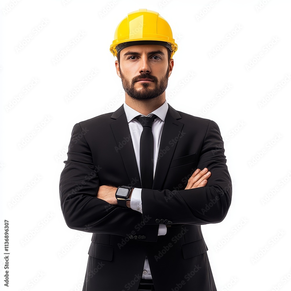 Young professional wearing a yellow helmet, representing construction, engineering, and safety in industrial and architectural fields. Young professional wearing a yellow helmet, representing construction, engineering, and safety in industrial and architectural fields.