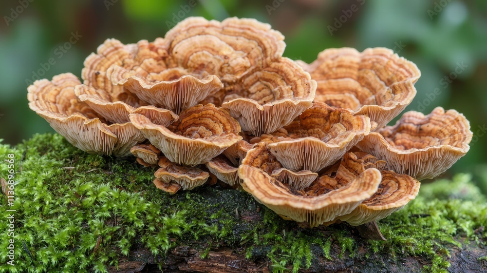 Dreamy macro of mushrooms on mossy wood with warm light Dreamy macro of mushrooms on mossy wood with warm light