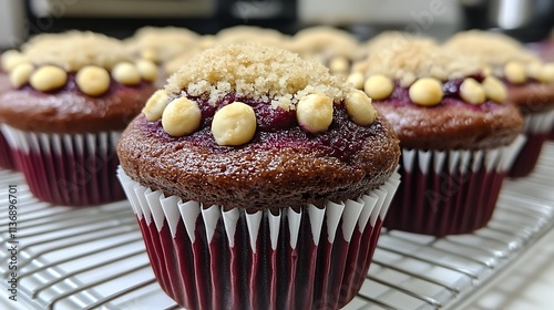 Delicious Chocolate Cupcakes Topped With Crumble And White Chocolate photo