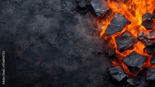 A vibrant scene showcasing glowing charcoal engulfed in orange flames against a dark textured background, exuding warmth and intensity on the right side. photo