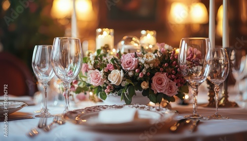 Romantic Wedding Reception Table Setting An opulent wedding reception with a beautifully arranged table, flowers, and exquisite dcor, creating a romantic ambiance for an unforgettable evening.