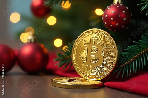 christmas tree shines glittering lights bitcoin coins festive holiday setting surrounded photo