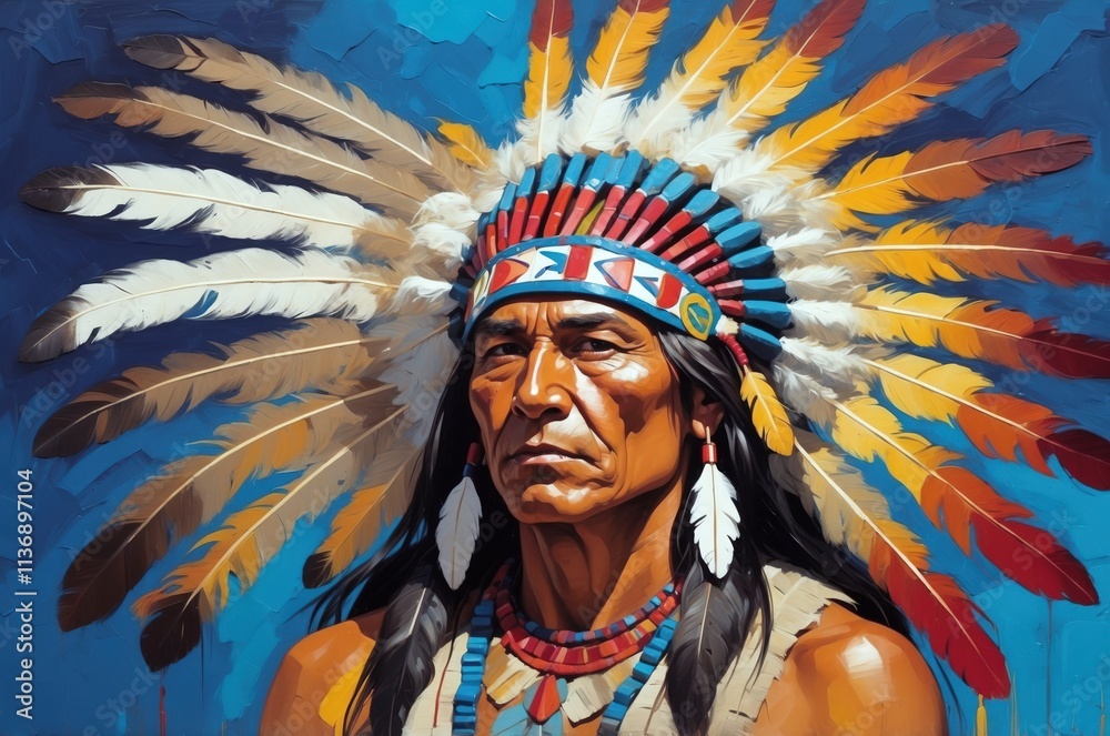 Fototapeta premium Abstract vintage oil painting portrait of a native american man with headdress decoration, people and culture, tradition, history theme concept. 