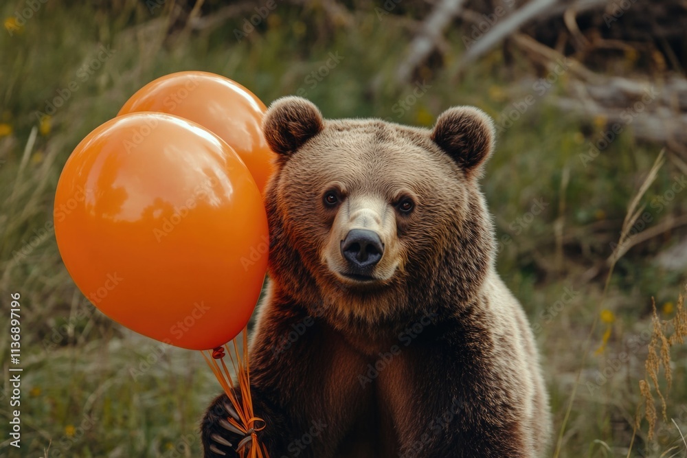 Fototapeta premium Brown bear with orange balloons
