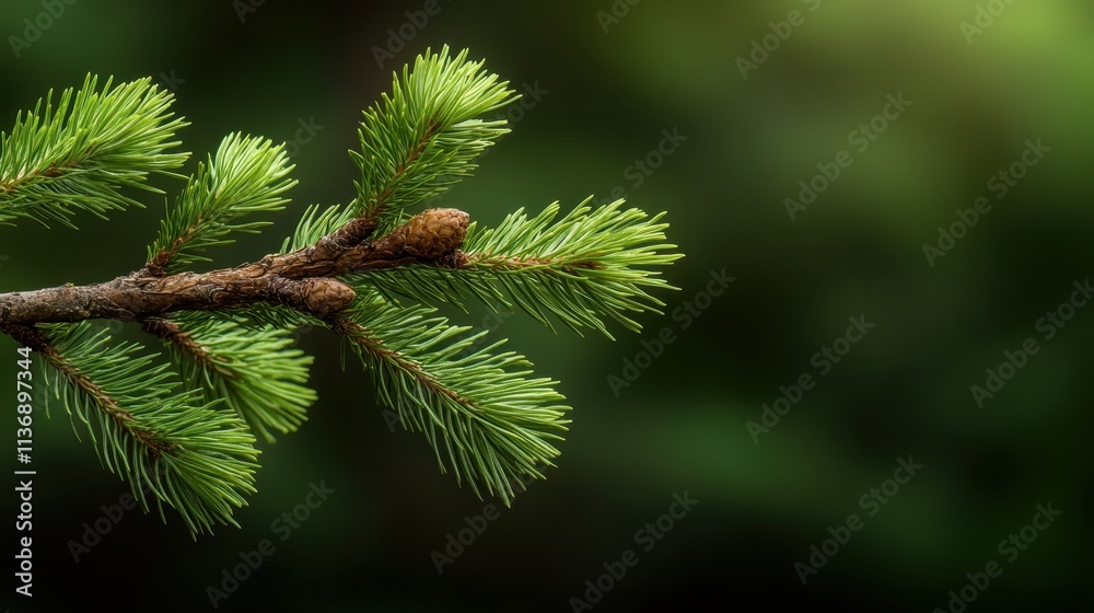A detailed look at a coniferous branch, showcasing vibrant green needles and small cones, set against a blurred natural backdrop to emphasize its fresh presence. A detailed look at a coniferous branch, showcasing vibrant green needles and small cones, set against a blurred natural backdrop to emphasize its fresh presence.