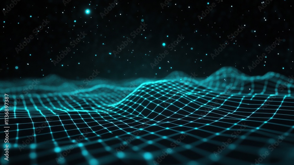 custom made wallpaper toronto digitalAbstract teal grid landscape with glowing particles. A digital illustration perfect for technology and science concepts.