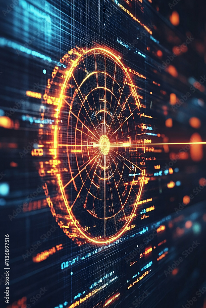 Fototapeta premium A glowing dartboard icon surrounded by business data, symbolizing online marketing platforms, targeted advertising tools, and business strategy analytics. 