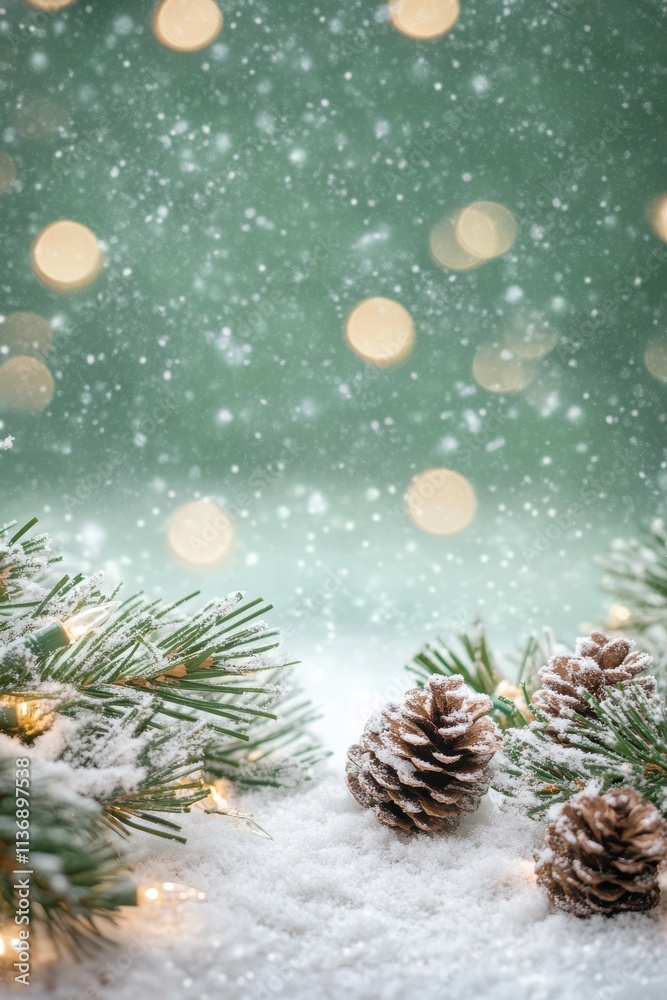 Rustic Light Green Background with Snow and Pine Cones. Rustic Light Green Background with Snow and Pine Cones.
