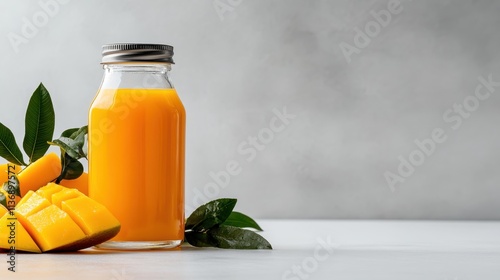 A bottle of luscious mango juice alongside fresh mango slices and green leaves on a white surface, perfectly illustrating the essence of tropical indulgence. photo