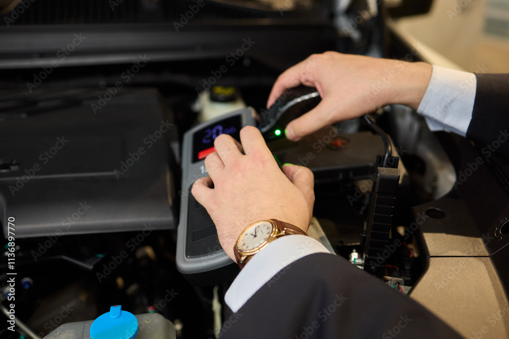 Closeup photo of black car battery connected with jumper cables for repair or recharging Closeup photo of black car battery connected with jumper cables for repair or recharging