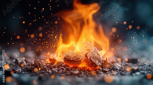 A detailed close-up of a campfire, highlighting glowing embers and crackling flames, conveying warmth, coziness, and the primal allure of firelight. photo