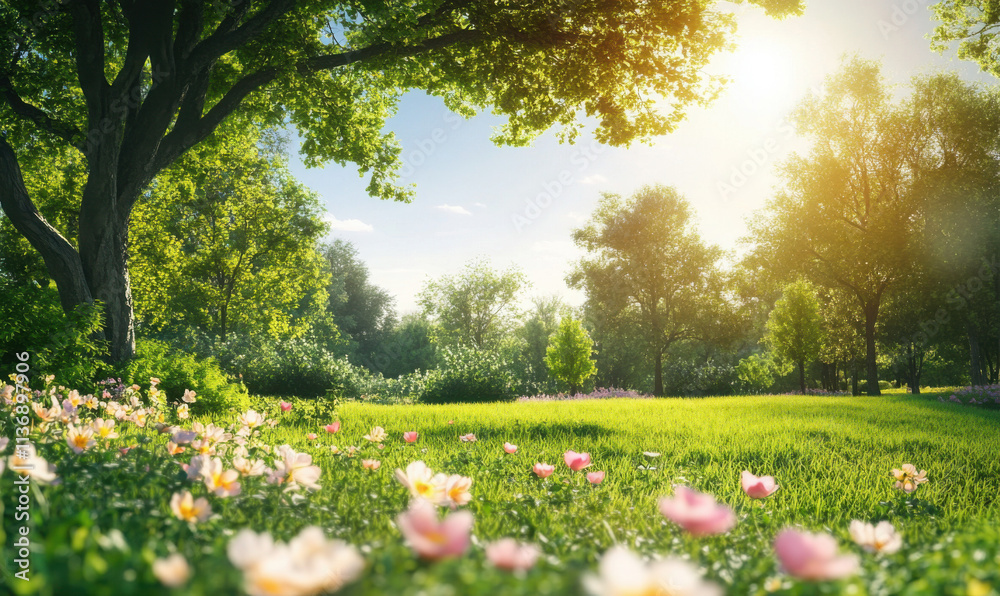 Meadow with lots of white and pink spring daisy flowers in sunny day. Nature landscape in estonia in early summer