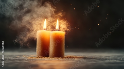 Twin candles emit a warm glow against a blurred background, with gentle wisps of smoke rising gracefully, creating an ephemeral moment of elegance and serenity.