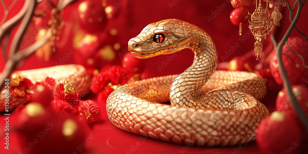 Golden 3D snake illustration on a red background with Chinese decorations for the Year of the Snake Golden 3D snake illustration on a red background with Chinese decorations for the Year of the Snake