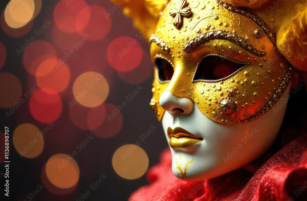 Beautiful carnival mask yellow with gold is left on blurred festive background Beautiful carnival mask yellow with gold is left on blurred festive background