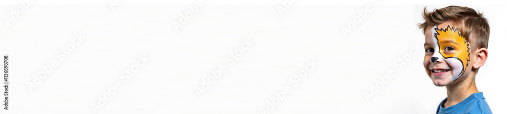 Obraz premium Banner Boy with face painting is right and empty space left on white background
