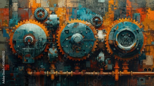 Abstract depiction of gears and machinery in vibrant colors, symbolizing industrial mechanics.